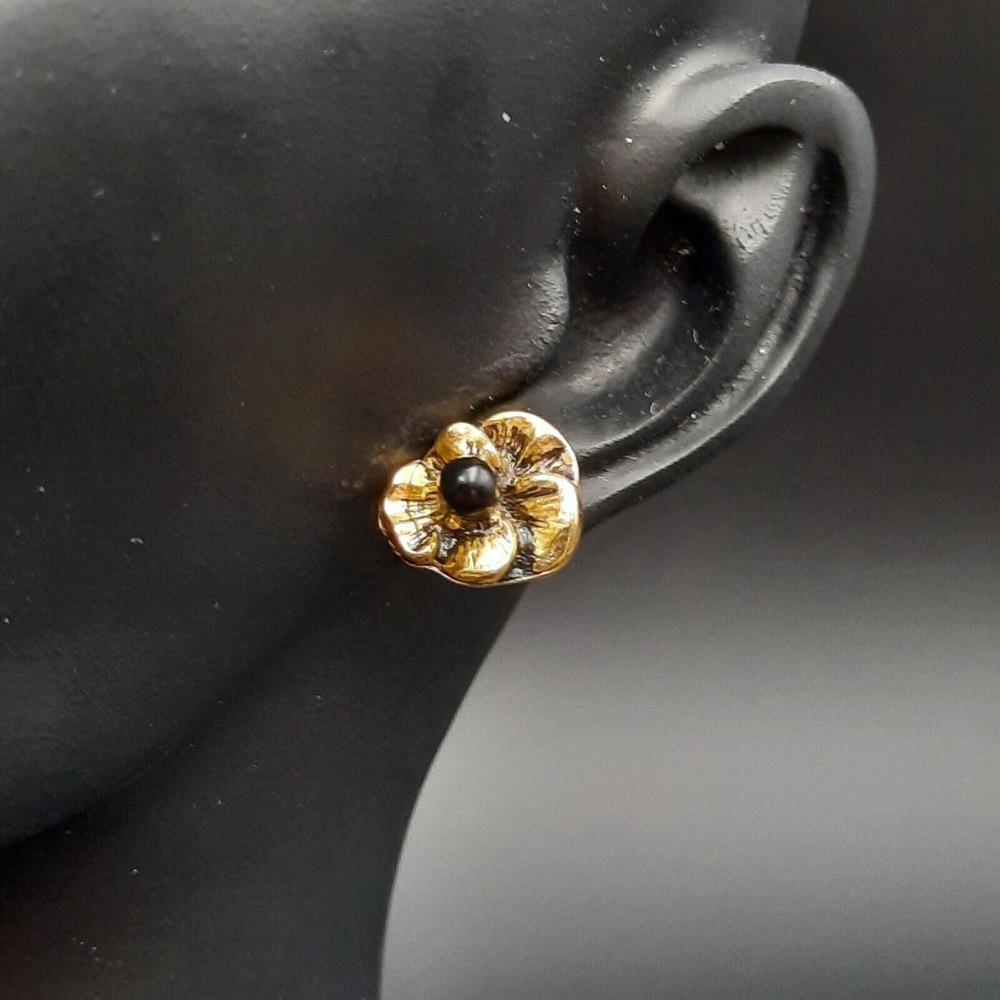 Gold Toned Flower Stud Earrings With Black Bead Center‎